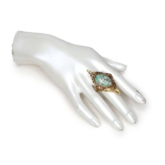 Ornate Goth Victorian Ring Marbled Stone Gold Green White Renaissance Statement - Picture 2 of 8